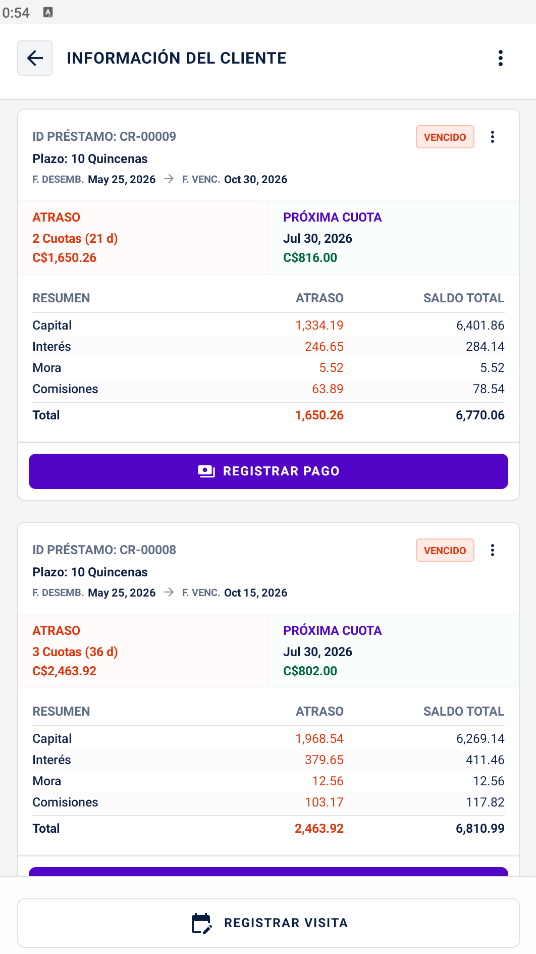 Pantalla de la aplicación móvil